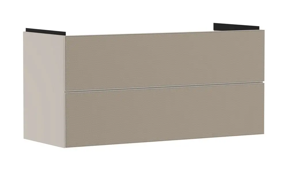 Waschtischunterschrank in sandbeige mit zwei Schubkästen, passend für einen Waschtisch. Marke Hansgrohe. Schlichte, moderne Optik.